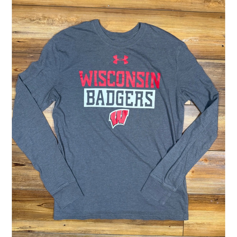 Under Armour Wisconsin Badgers Long Sleeve Shirt Mens Small Gray HeatGear Loose